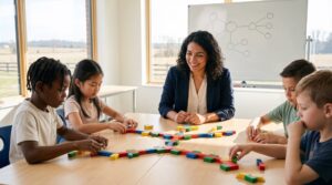 four children sitting at a table with teacher